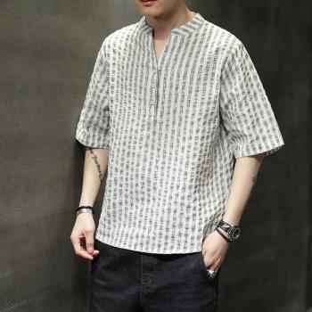 條紋短袖男中國風亞麻t恤夏季男裝棉麻半袖寬松大碼男士冰絲體恤