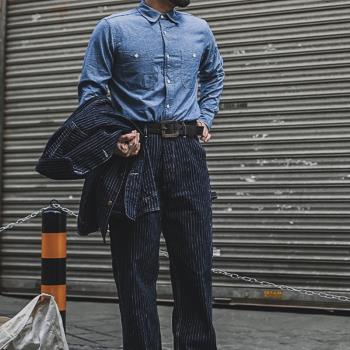 美式復古 春秋季經典雙貼袋青年布牛仔襯衫 男士休閑長袖工裝襯衫