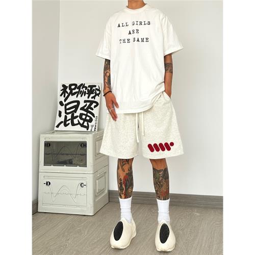 HIP潮牌花灰色短褲男款美式高街休閑百搭夏季寬松純棉重磅五分褲