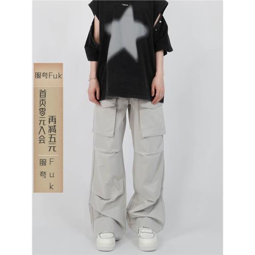 服夸Fuk美式休閑多口袋工裝褲男ins潮牌高級感褶皺闊腿直筒長褲子
