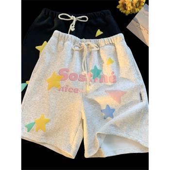 星星塗鴉印花短褲男美式重磅運動褲子夏季五分褲直筒寬松休閑中褲