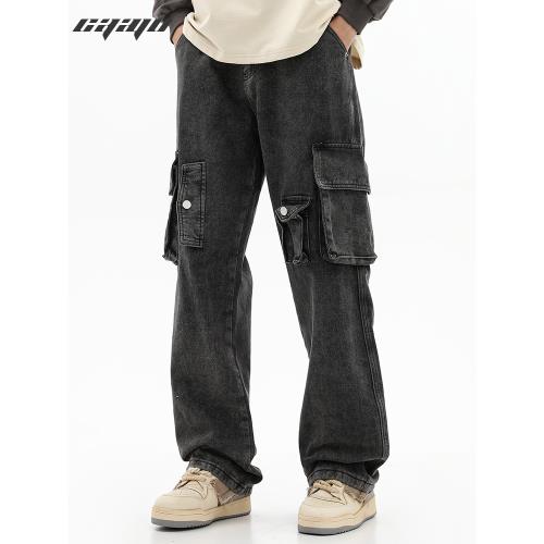 美式高街復古水洗做舊牛仔褲男潮牌設計感多口袋垂感工裝直筒褲子