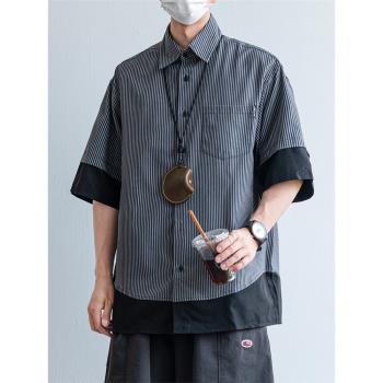 夏季日系復古假兩件短袖襯衫男CityBoy休閑五分袖細條紋拼接襯衣