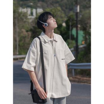 日系復古cityboy短袖polo衫男夏季潮牌寬松半拉鏈翻領t恤半袖上衣