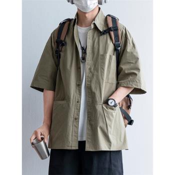 Boy日系復古休閑大口袋短袖襯衫