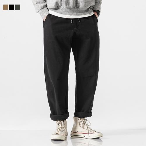 黑色直筒休閑褲男士復古日系松緊腰抽繩工裝褲學生百搭哈倫褲寬松
