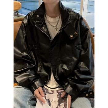 潮牌秋季寬松機車服立領皮夾克