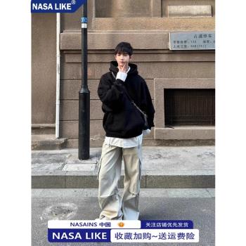 NASA高品質連帽衛衣男春秋季寬松純色男士上衣運動加厚套頭衫潮牌