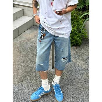 七分褲破洞褲子水洗牛仔褲字母刺繡寬松透氣寬松男女同款百搭潮流