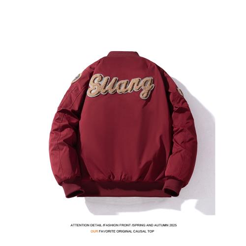 美式復古毛巾繡刺繡棒球服男秋冬季oversize加厚飛行夾克棉服外套