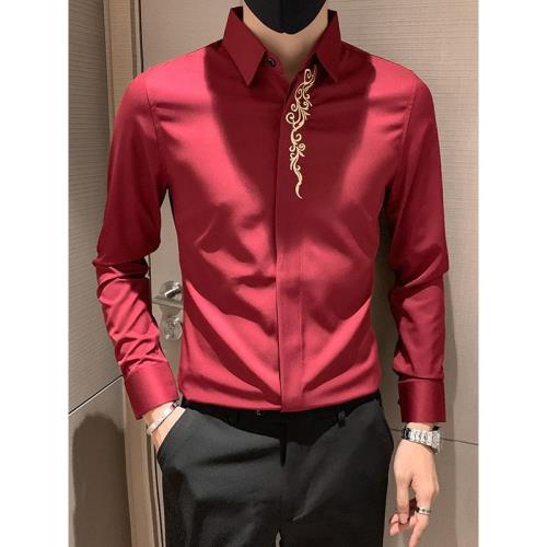 刺繡紅色襯衫男長袖春秋季修身韓版潮流結婚喜慶男士高級感襯衣服