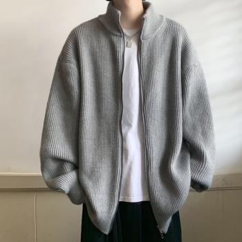 灰色立領針織開衫外套男秋季潮牌情侶oversize慵懶風美式復古毛衣