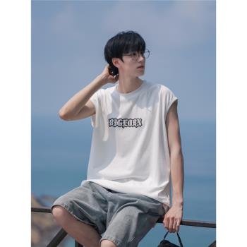 日系純棉無袖t恤男夏季薄款寬松運動背心ins潮牌印花痞帥坎肩上衣