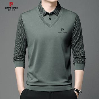 皮爾卡丹2024春秋新款男士桑蠶絲長袖假兩件polo衫休閑翻領T恤衫