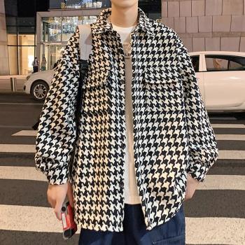 千鳥格子毛呢外套男小香風chic復古上衣秋季潮流寬松翻領工裝夾克