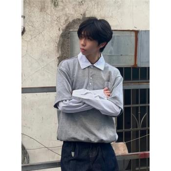 秋季長袖Polo衫格子寬松假兩件
