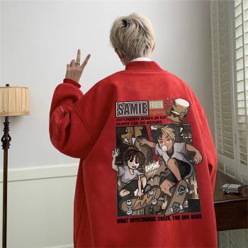 美式復古麂皮絨棒球服男款秋季2023新款潮牌卡通印花外套男士夾克