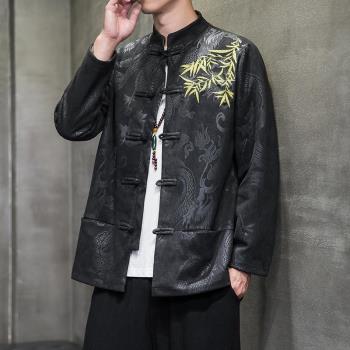 麂皮絨外套男潮牌復古中式唐裝中國風刺繡改良漢服秋季中山裝夾克