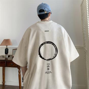 鹿皮絨t恤男美式重磅短袖夏季男士上衣潮牌復古寬松圓領半袖體恤