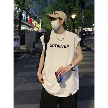 美式hiphop無袖坎肩背心男ins潮牌小領口t恤夏季運動籃球短袖汗衫