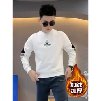 2024秋冬新款男士潮流圓領衛衣時尚青年百搭休閑加絨加厚長袖上衣