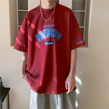 純棉短袖男款夏季排汗速幹五分袖t恤字母印花上衣寬松圓領體恤潮