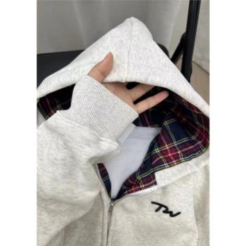 美式復古oversize刺繡連帽衛衣男女春秋寬松設計感慵懶風開衫外套