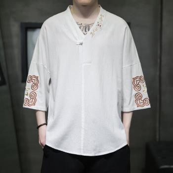 七分袖亞麻t恤男中國風刺繡v領半袖體恤夏季潮牌復古短袖棉麻上衣