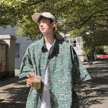 夏威夷花襯衫男夏季薄款冰絲短袖襯衣ins港風chic復古半袖外套潮