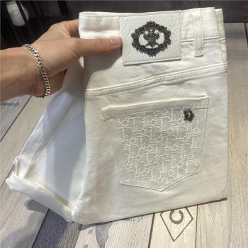歐洲站白色高彈凸印刺繡牛仔褲