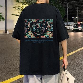 夏季純棉寬松圓領短袖T恤男潮流民族風印花半袖重磅體恤打底上衣