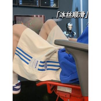 白色條紋短褲男夏季薄款冰絲運動褲潮牌寬松休閑五分褲美式籃球褲