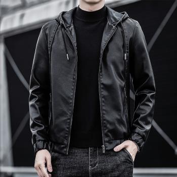 男士秋冬季休閑連帽帥氣修身皮衣