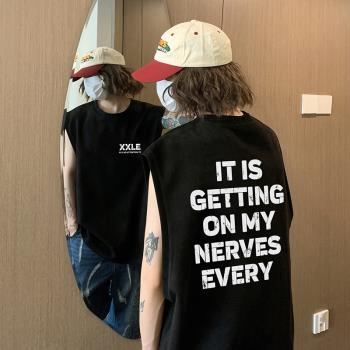 麂皮絨背心男夏季新款寬松無袖t恤ins潮牌字母印花上衣男裝衣服潮