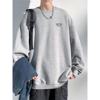 重磅刺繡圓領衛衣男士春秋冬季潮牌港風寬松小白繡花加絨打底上衣