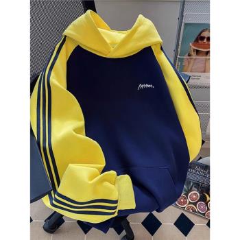 重磅刺繡連帽衛衣男春秋復古插肩袖三條槓撞色上衣情侶裝潮牌外套