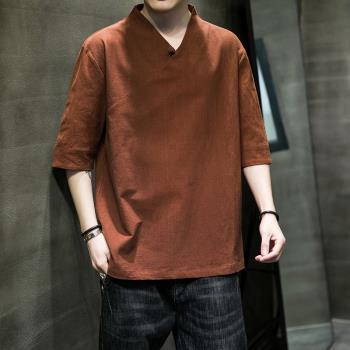 中國風男裝夏季亞麻短袖t恤中式復古唐裝漢服五分袖上衣棉麻體恤