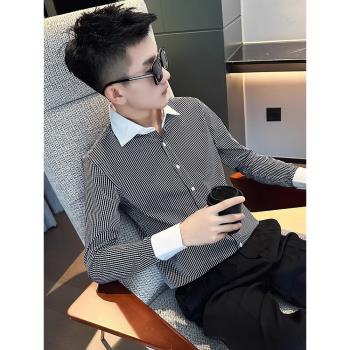 高階感條紋長袖襯衫男秋季潮牌痞帥撞色襯衣2024新款男裝春裝上衣