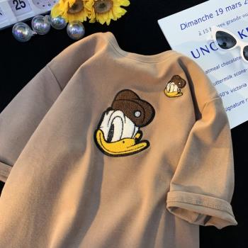 港風卡通刺繡短袖t恤男夏季百搭寬松半截袖衣服韓版潮流圓領體恤