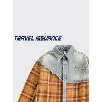 TRAVEL ISSUANCE 大概這樣 日系潮牌牛仔拼接設計寬松長袖襯衫bf