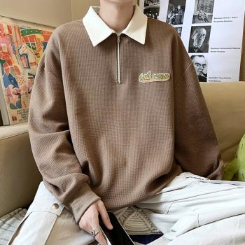 polo領衛衣秋季新款半拉鏈長袖上衣華夫格套頭休閑外套男裝衣服潮