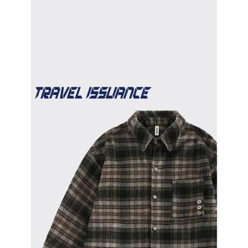 TRAVEL ISSUANCE 說說心裡話 潮牌復古格子寬松翻領長袖襯衫情侶