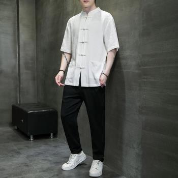 冰絲短袖襯衫男夏季薄款亞麻套裝中國風男裝中式盤扣棉麻唐裝漢服
