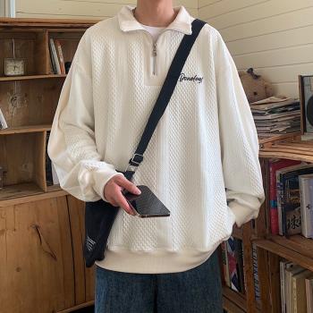 半拉鏈衛衣男高級感提花外套ins潮流寬松套頭上衣秋季男裝運動服