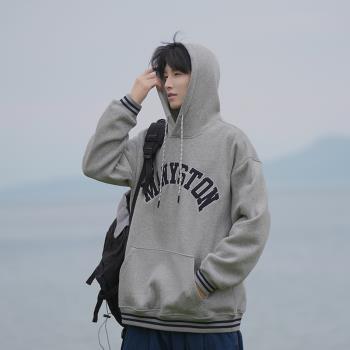 字母刺繡連帽衛衣男日系復古cityboy上衣秋季青少年男裝休閑外套