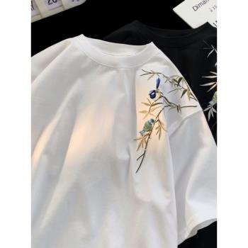 竹子刺繡t恤男設計感小眾上衣夏季潮流復古情侶短袖圓領半袖體恤