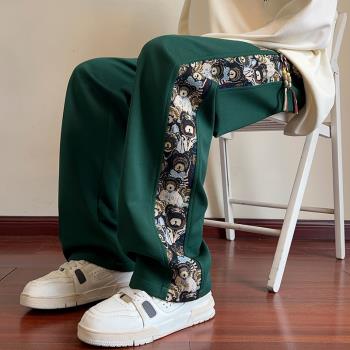 小熊刺繡褲子男秋季潮牌寬松運動褲美式復古hiphop休閑長褲直筒褲