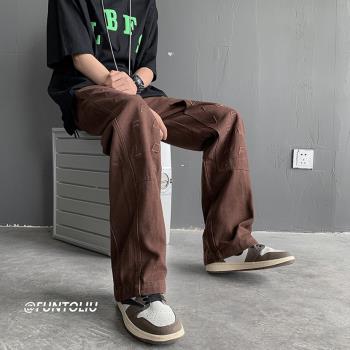 秋季牛仔褲男直筒寬松闊腿褲字母刺繡高街褲子美式復古拖地長褲潮