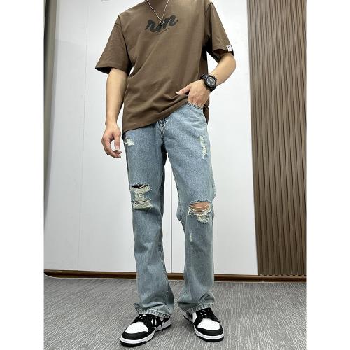 大破洞牛仔褲男寬松直筒微喇夏季薄款長褲膝蓋破洞淺藍色高街褲子