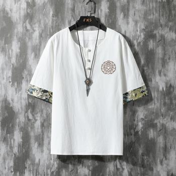 亞麻刺繡t恤男中國風半袖潮流棉麻體恤薄夏季寬松五分袖中式上衣